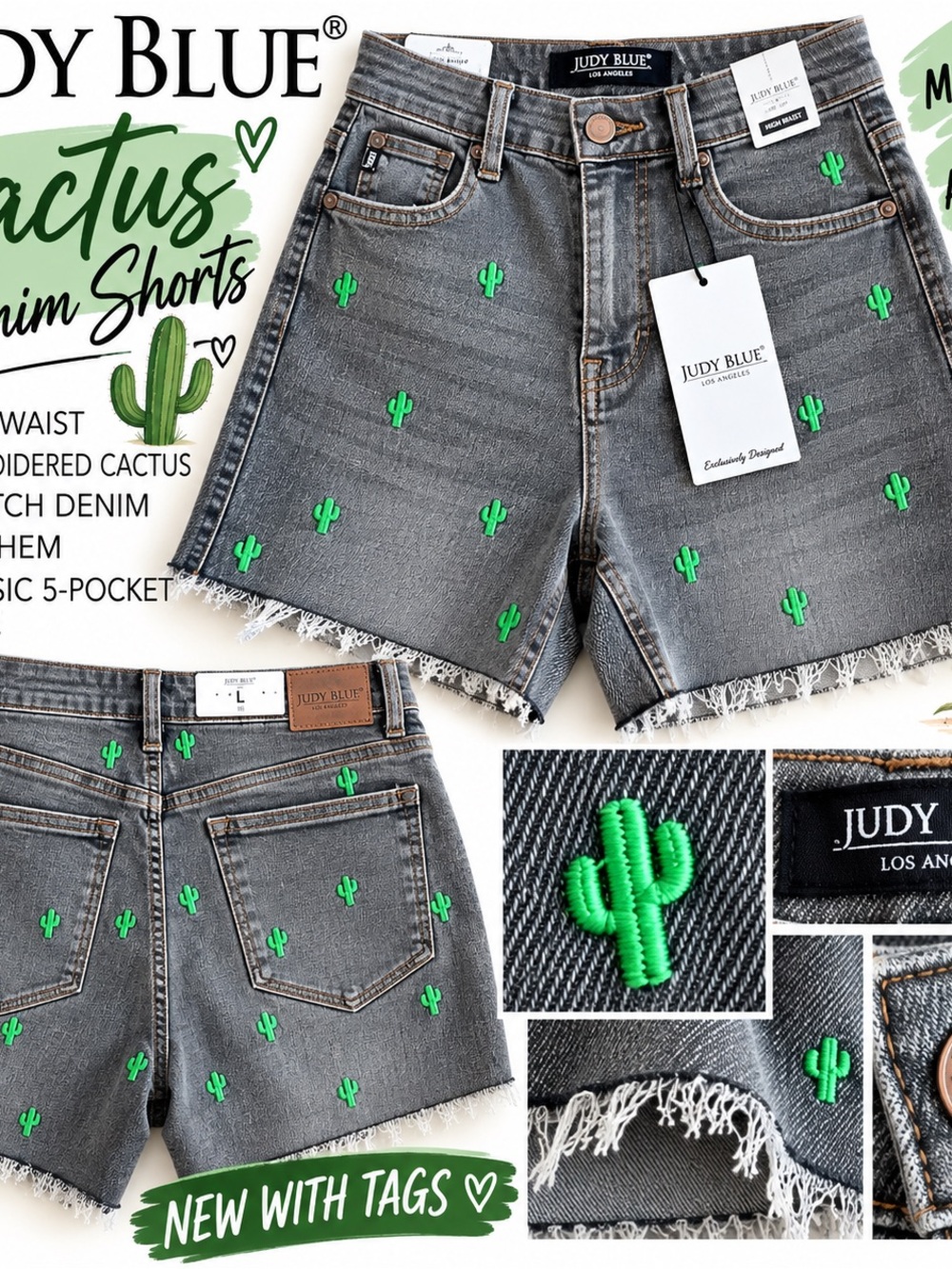 Judy Blue Cactus Embroidered Gray Denim Shorts - Green Cactus